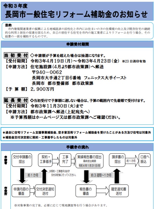 令和３年度 長岡市住宅リフォーム支援事業のお知らせ 追記 延長が決まりました お知らせ 長岡のリフォームなら こしけんリフォーム 越路建設株式会社 リフォーム部